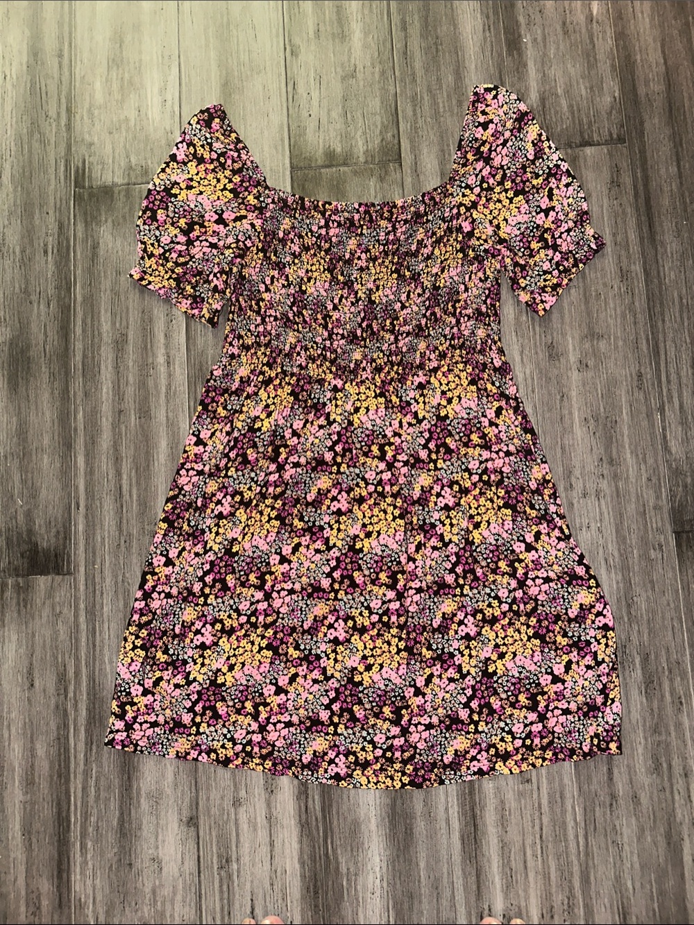 Roxy Black Floral Smocked Puff-Sleeve Mini Dress with Pink & Yellow Flowers